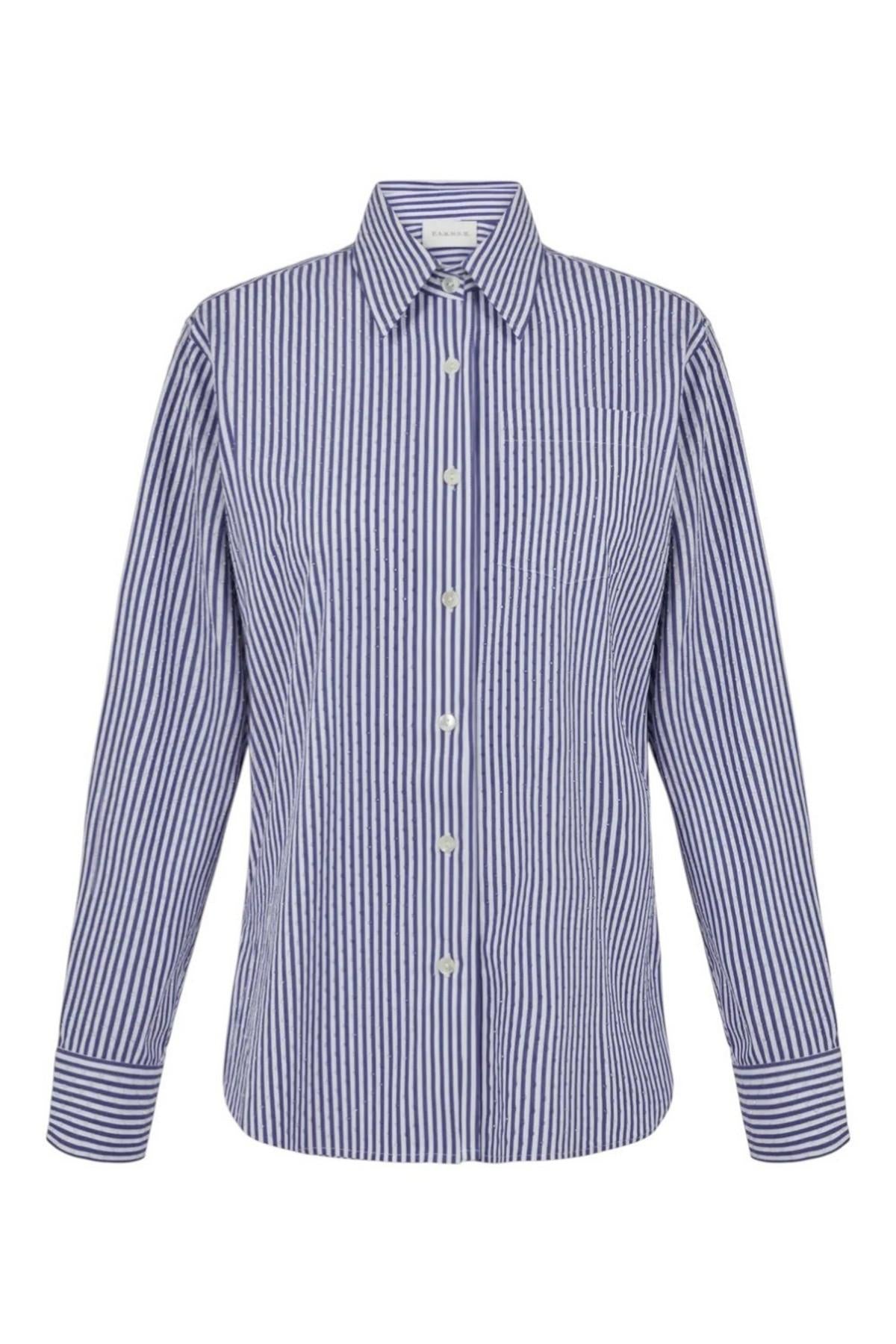 camicia donna righe e strass bianco e azzurro 