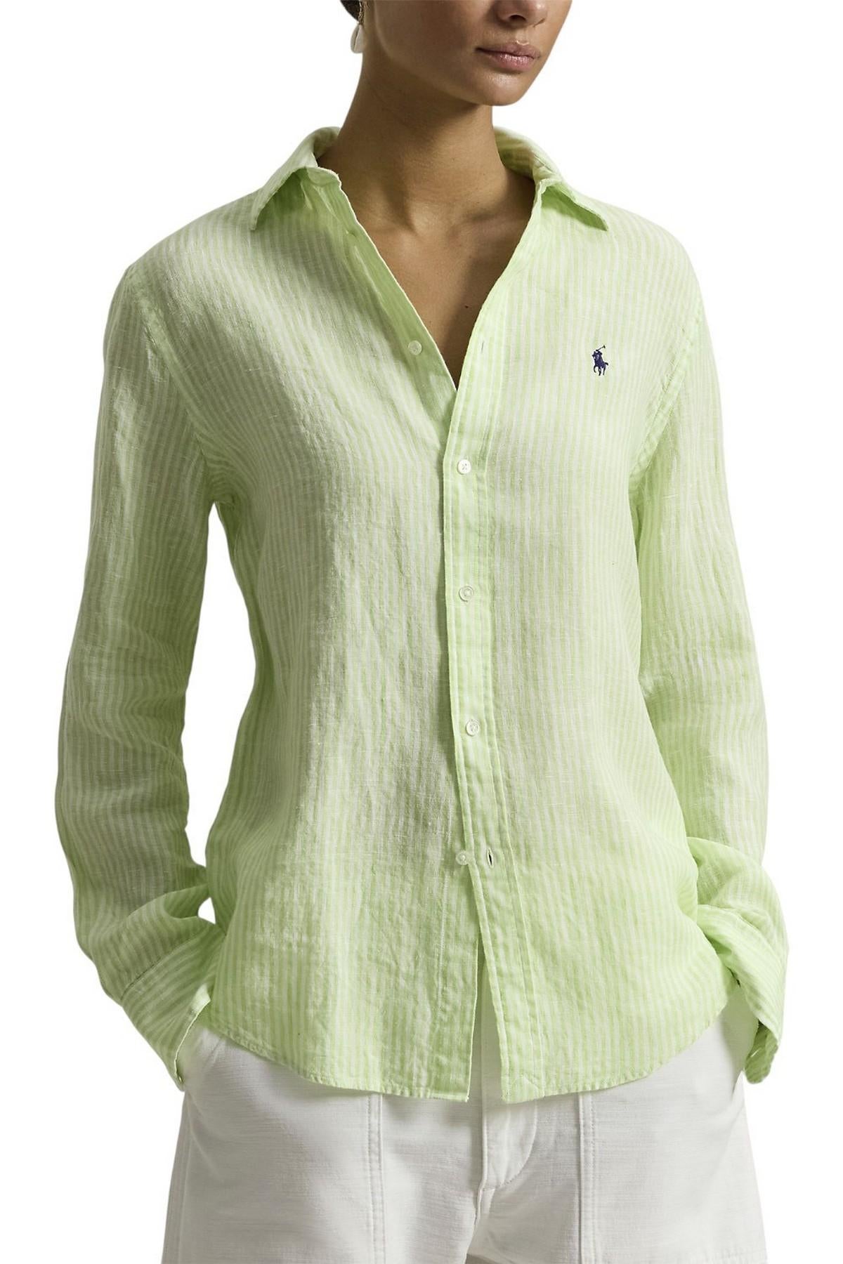 camicia donna in lino over a righe lime e bianco 