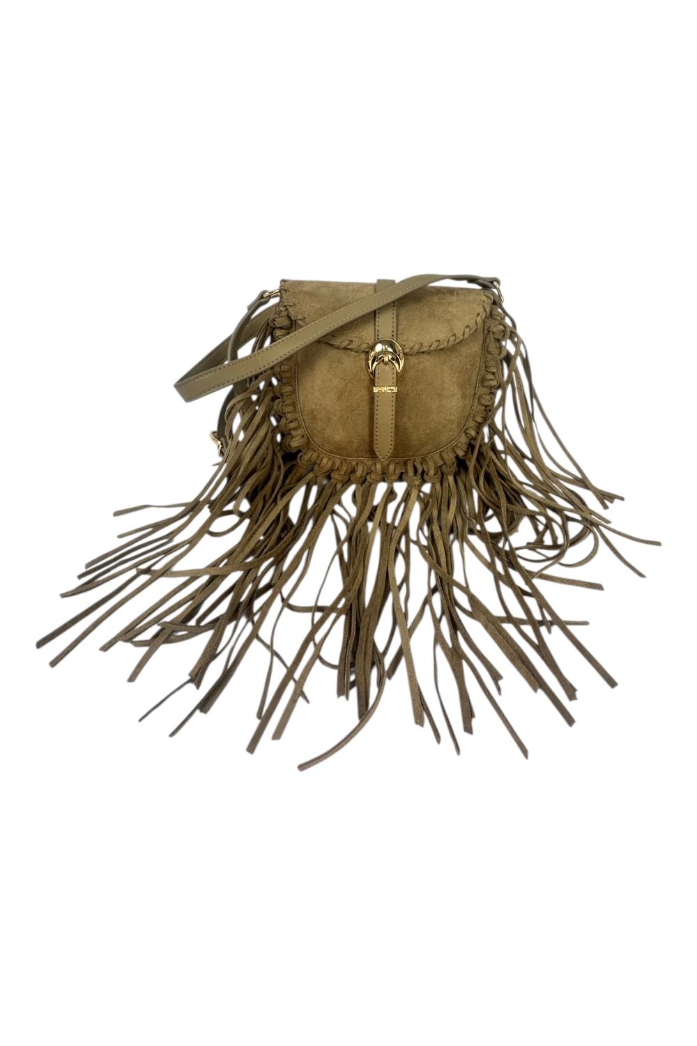 tracollina donna  in eco camoscio con frange sabbia 