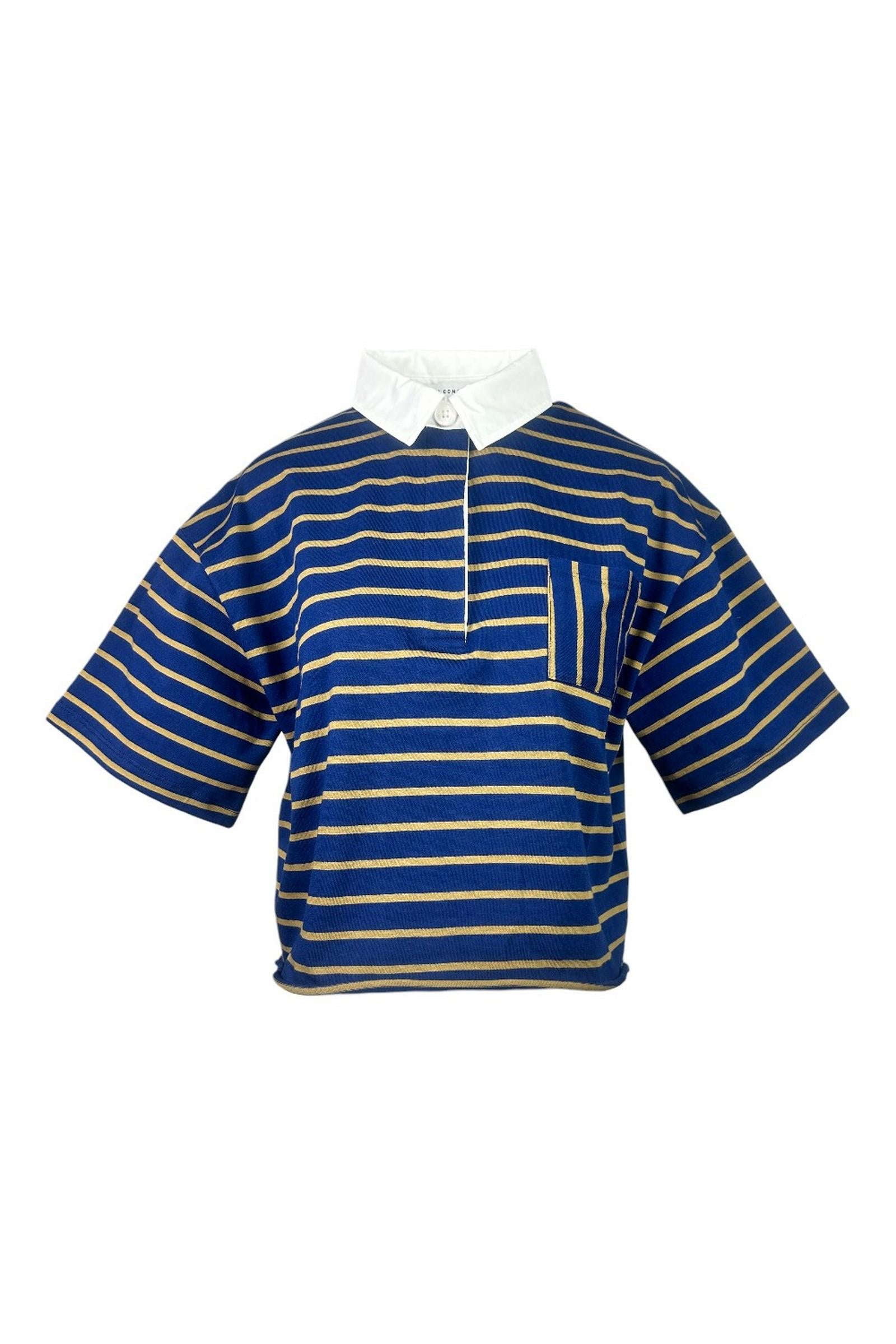 polo donna cropped a righe blu e cammello 