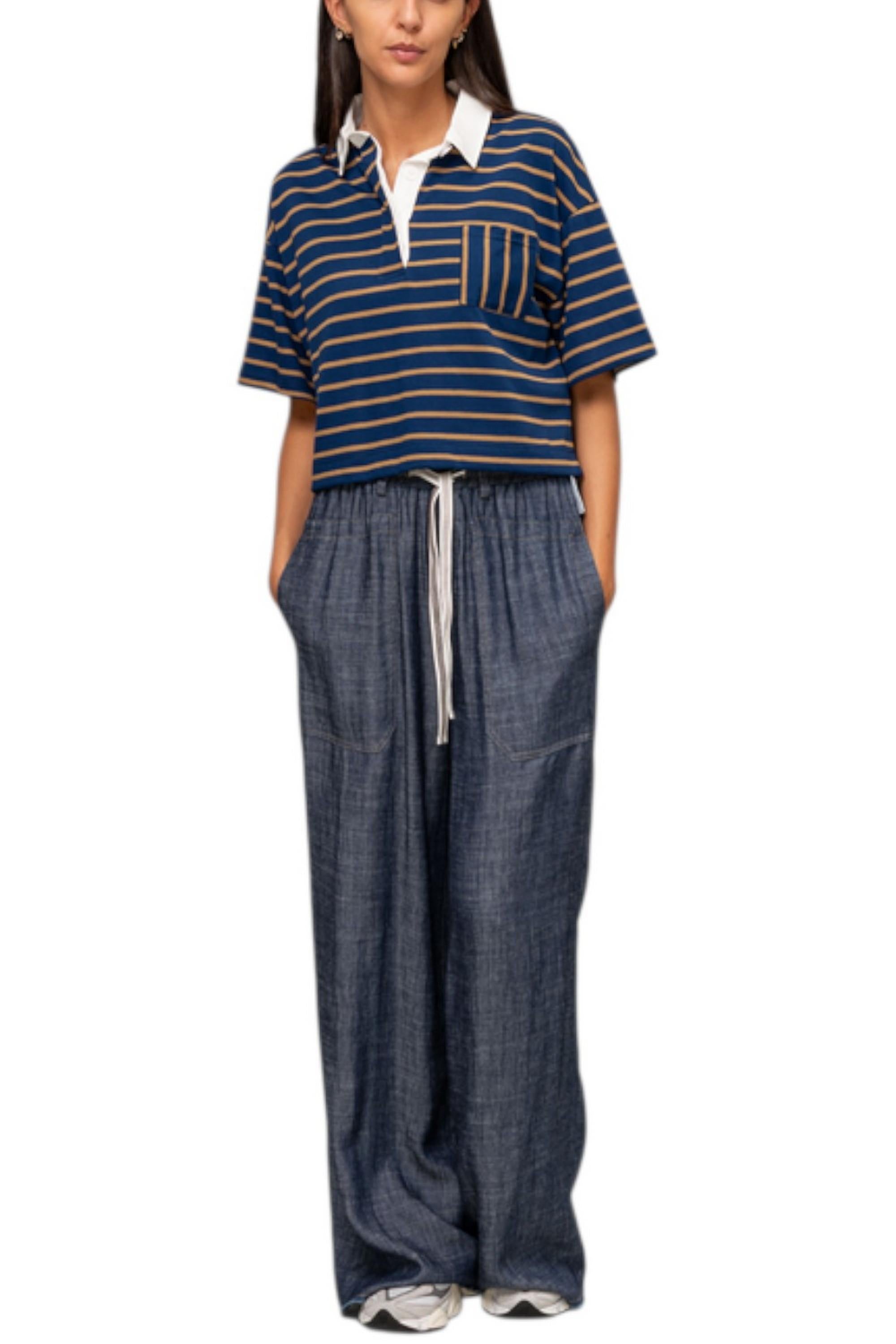 polo donna cropped a righe blu e cammello 