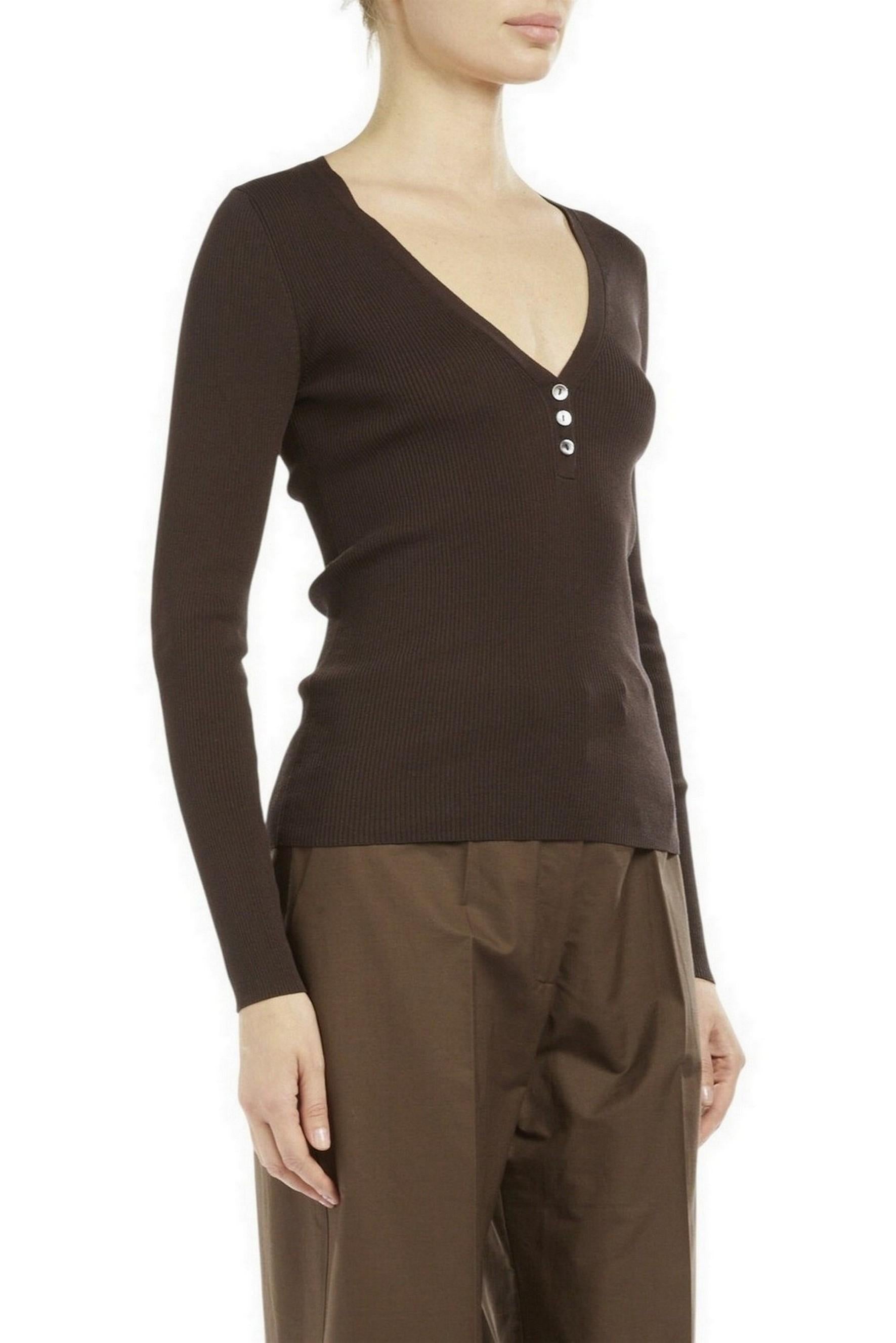 maglia donna serafino a costine marrone 