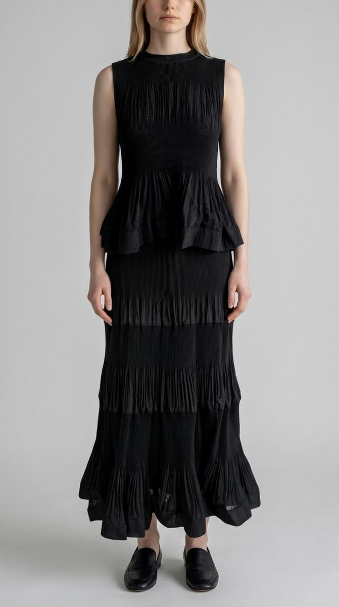 top donna con plisset e balze nero 