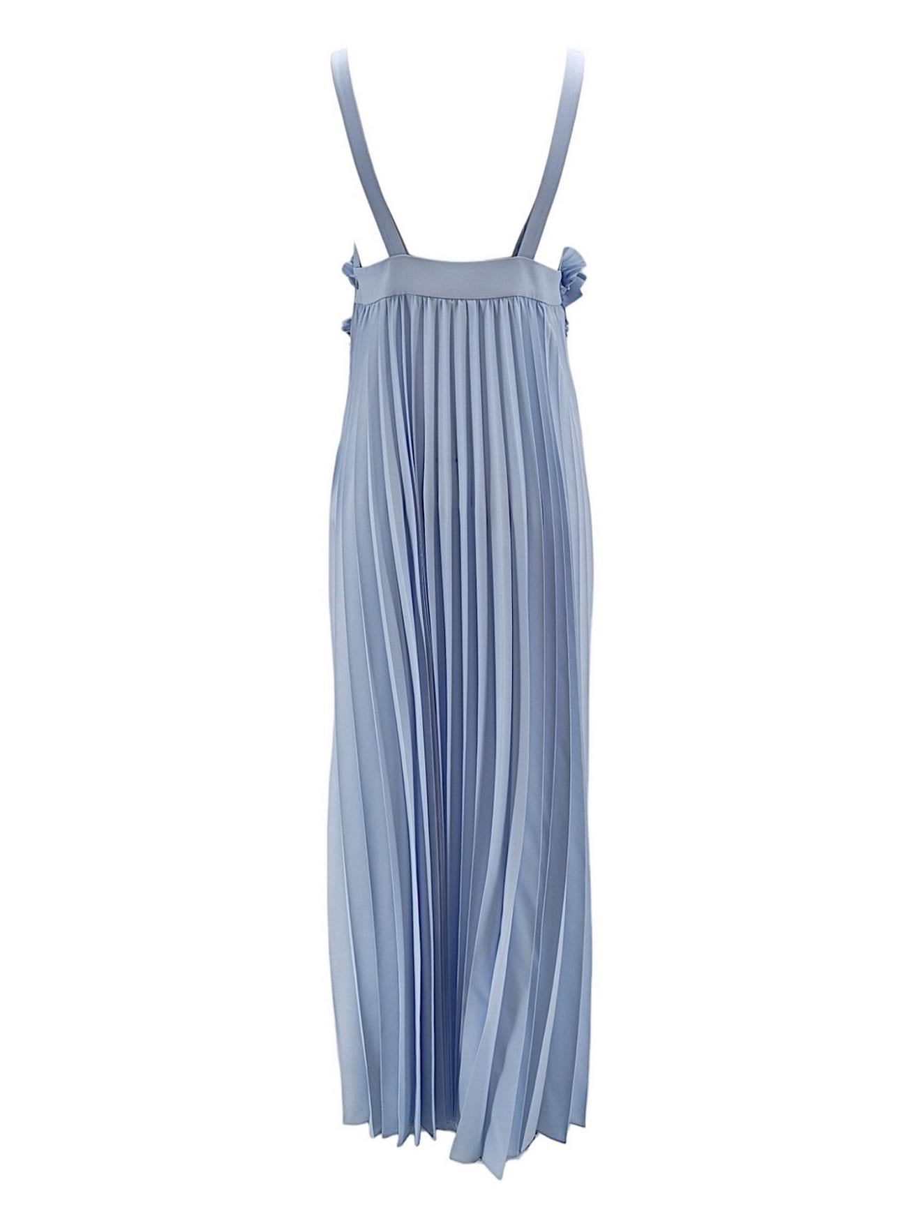 Abito donna lungo azzurro plisset con fiori applicati 