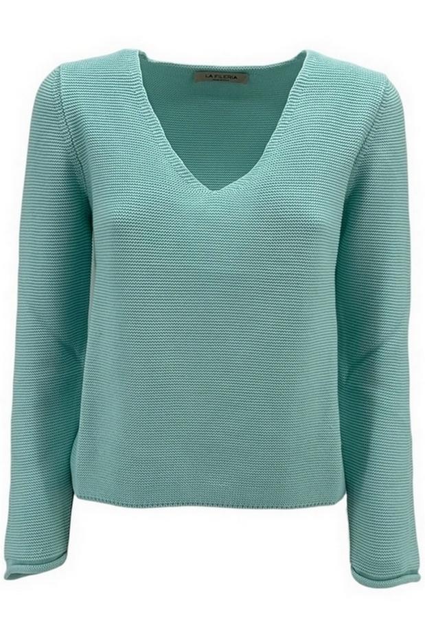 Maglia donna scollo a v turchese lavorazione grana di riso 