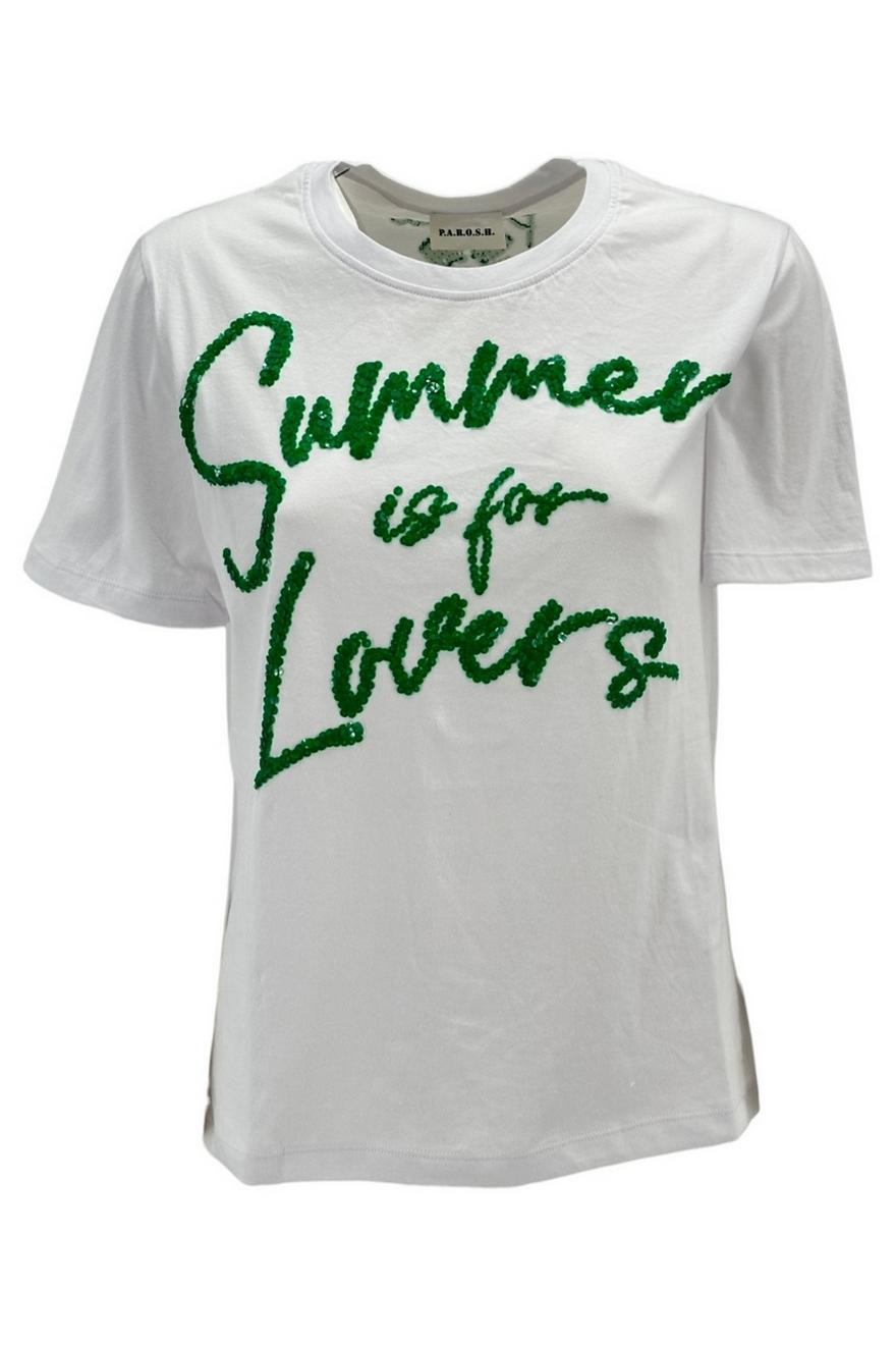 t-shirt donna con scritta in paillettes bianco e verde 