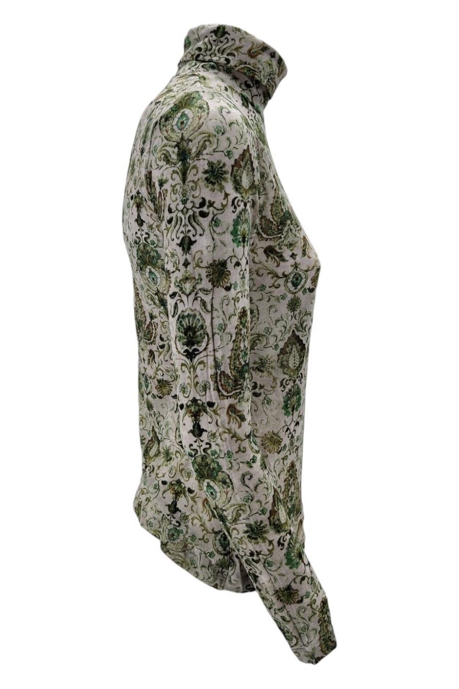 T-shirt donna modello lupetto in  jersey fantasia cachemire beige e verde 