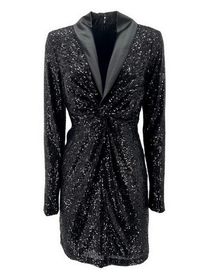 Abito donna nero con paillettes e scollo in raso 
