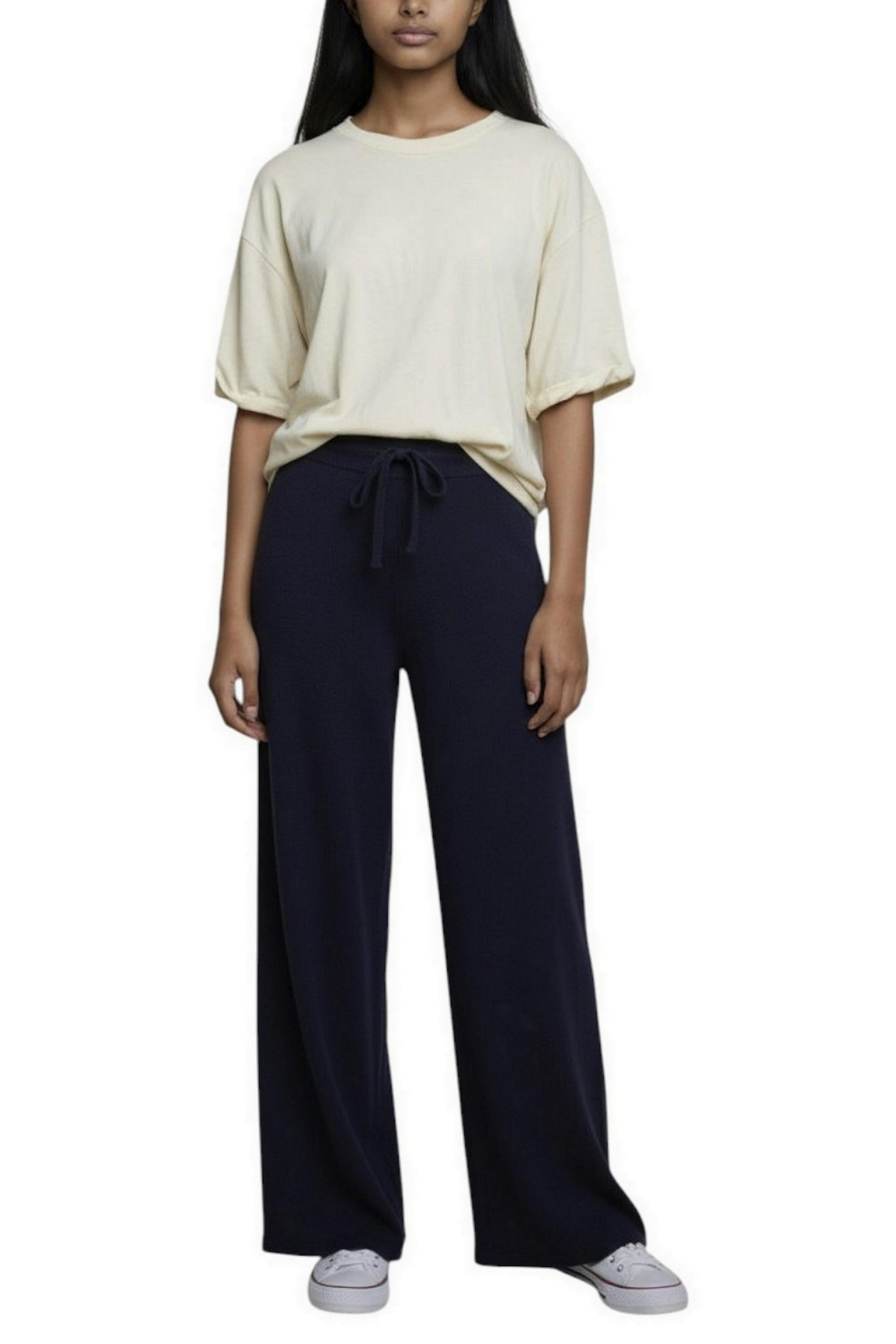 pantalone donna largo in maglia blu 