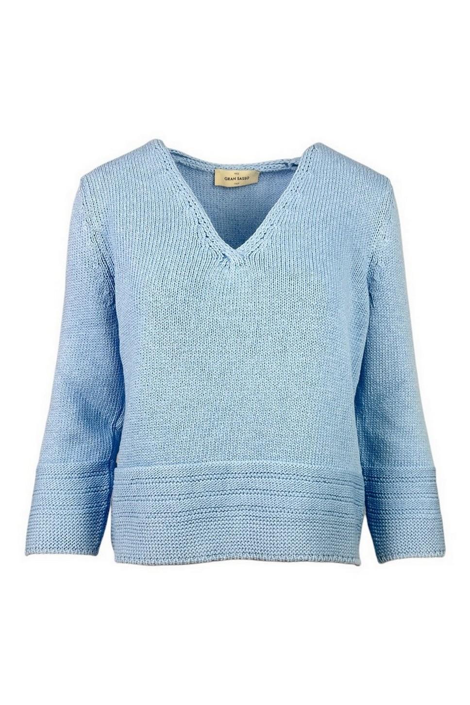 scollo a v donna in cotone con bordo lavorato azzurro 