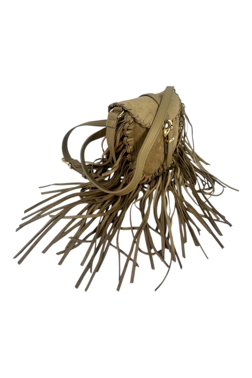 tracollina donna  in eco camoscio con frange sabbia 