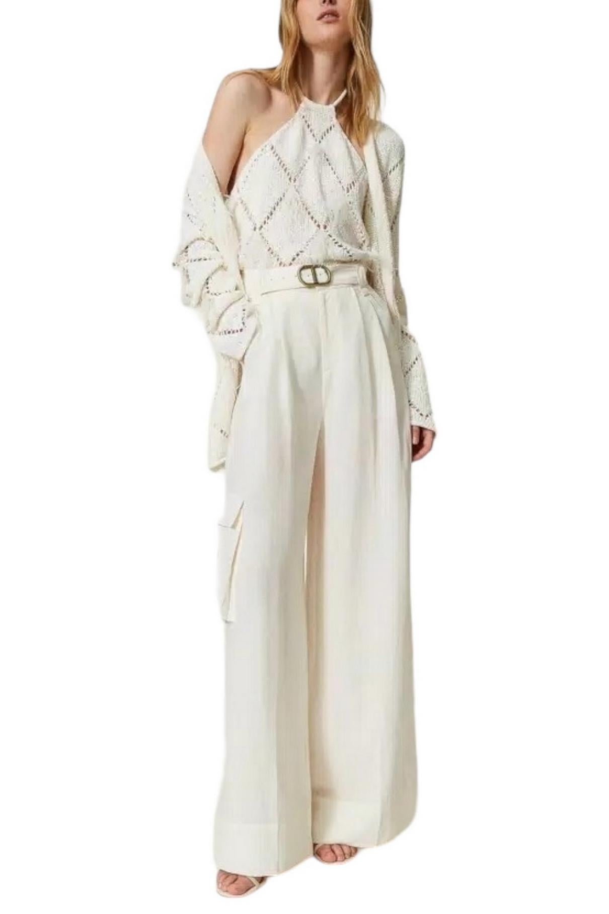 Pantaloni donna wide leg in tela di misto lino avorio 