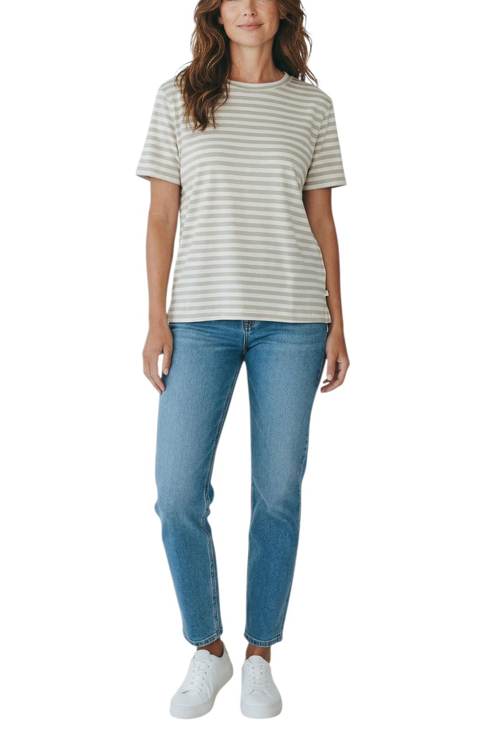 t-shirt donna manica corta scatola rigata rosa e beige 