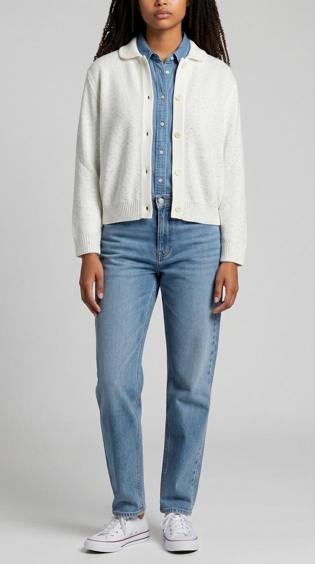 cardigan donna modello polo con paillettes bianco 