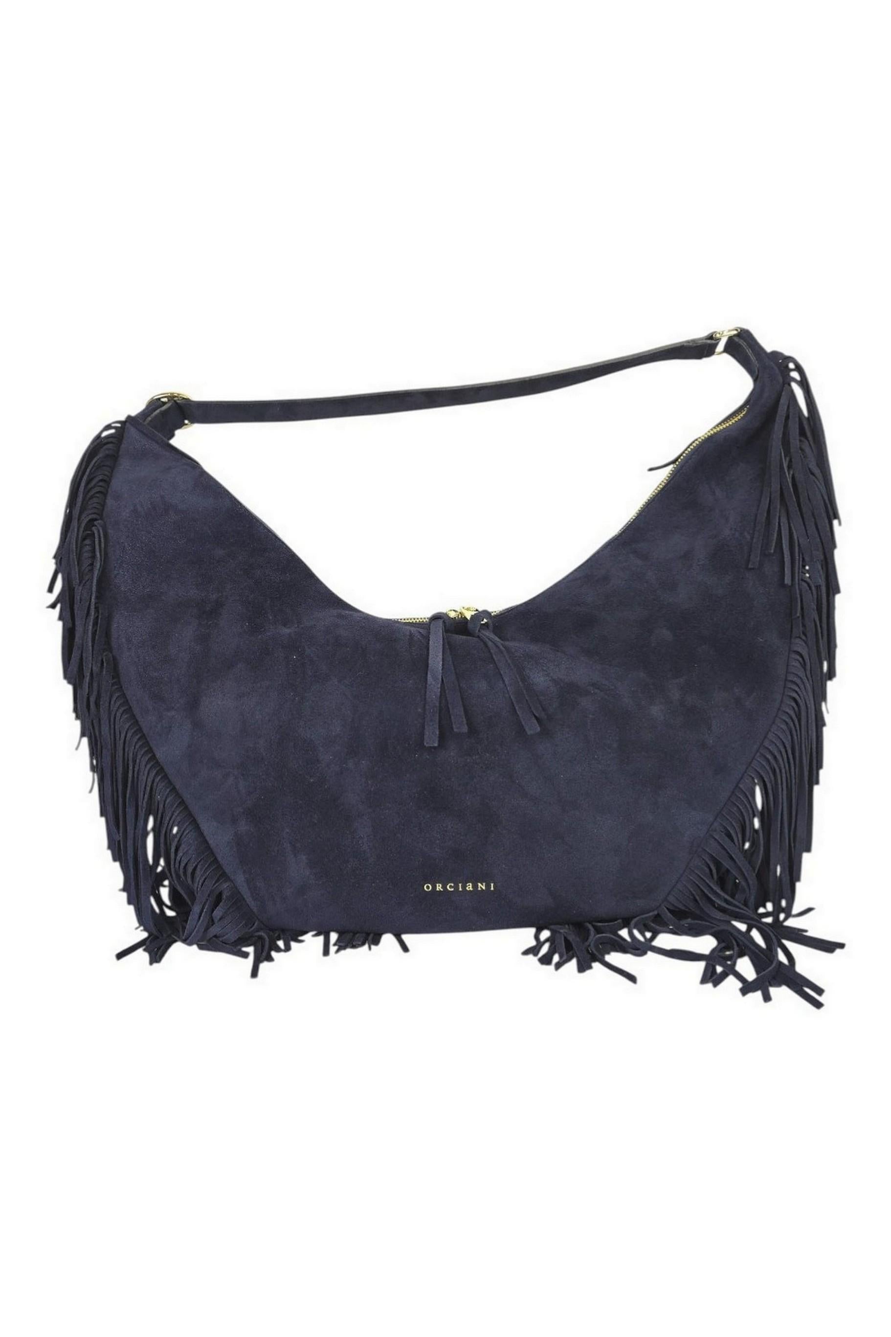 borsa donna isola in camoscio con frange blu 
