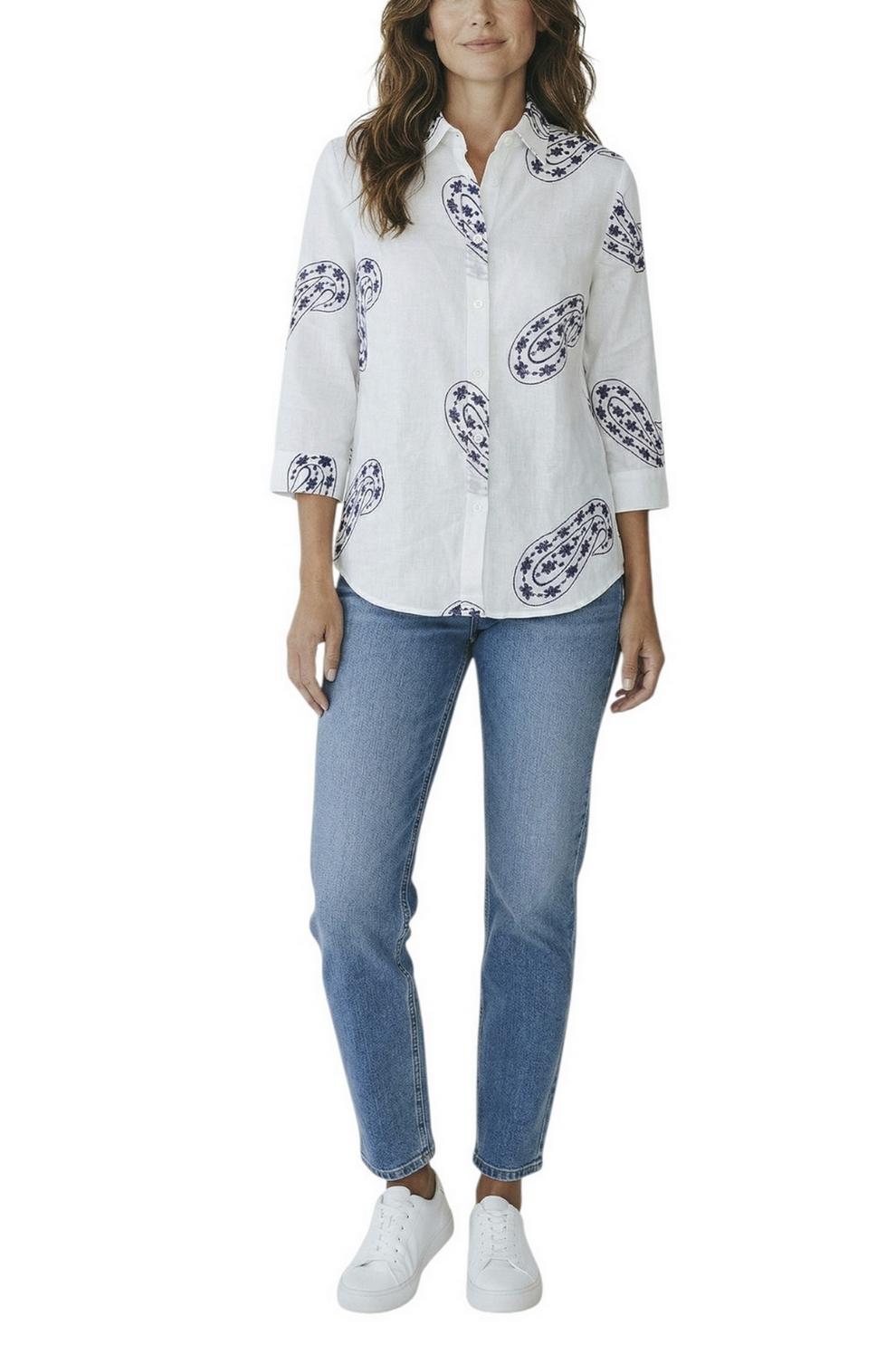 camicia donna con ricami paisley bianco e blu 