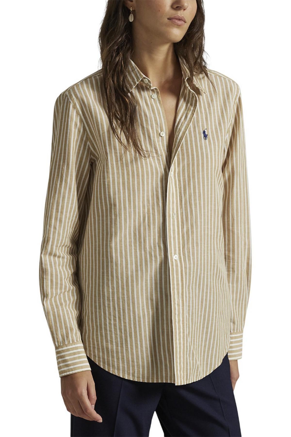 camicia donna in lino e cotone over a righe beige e bianco 