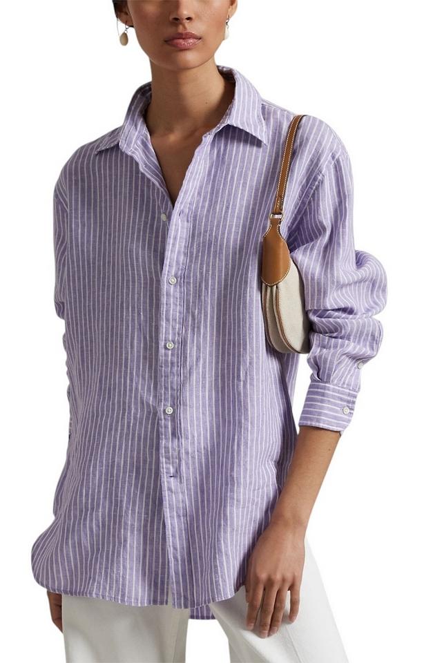 camicia donna in lino a righe lilla e bianco 