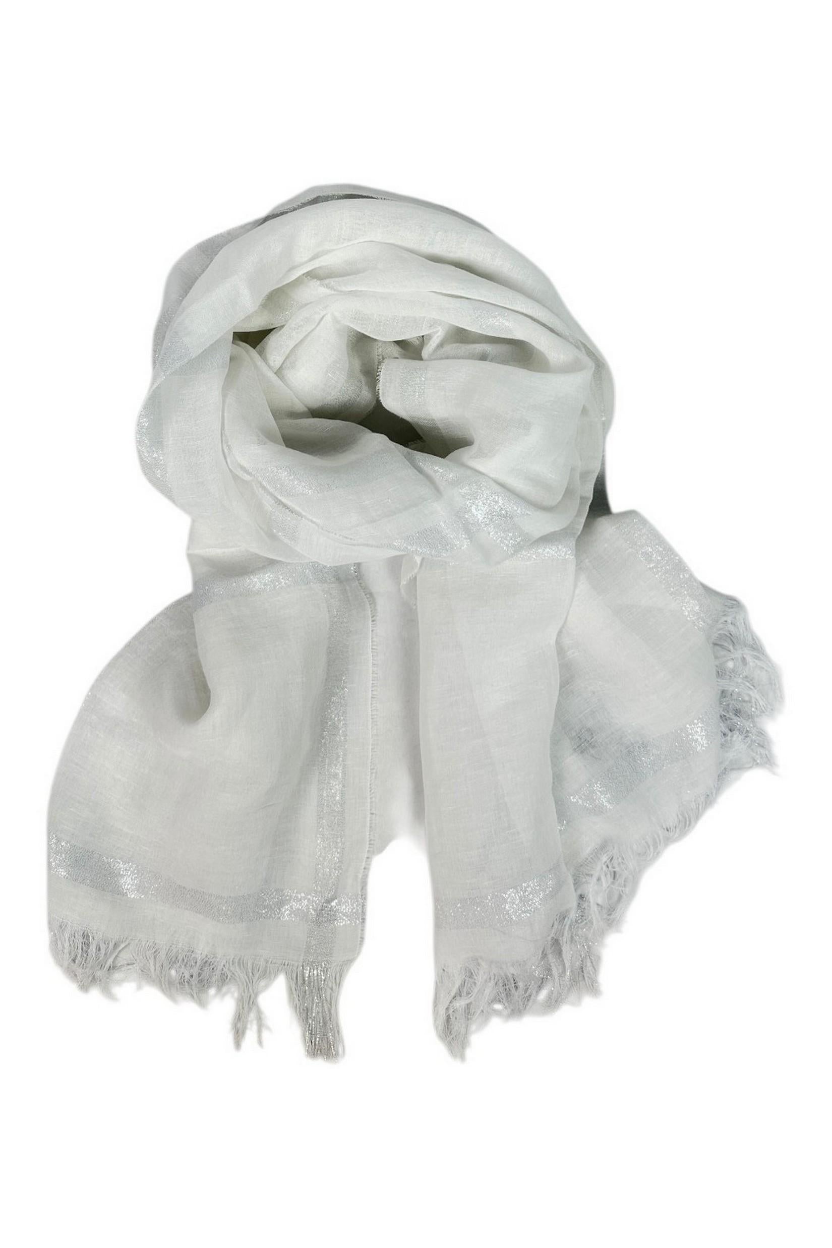 sciarpa donna in lino a righe con frange bianco 