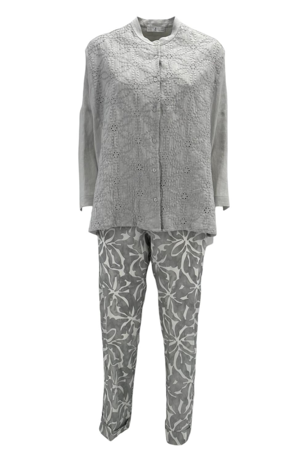 pantalone donna in viscosa fantasia foglie grigio e bianco 