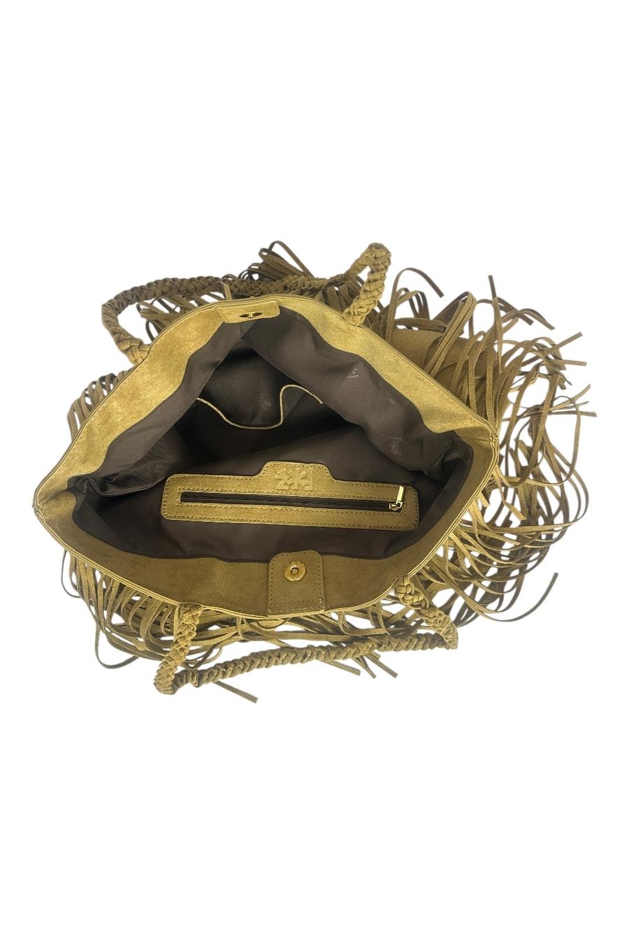 shopping donna in eco-daino con frange cammello 