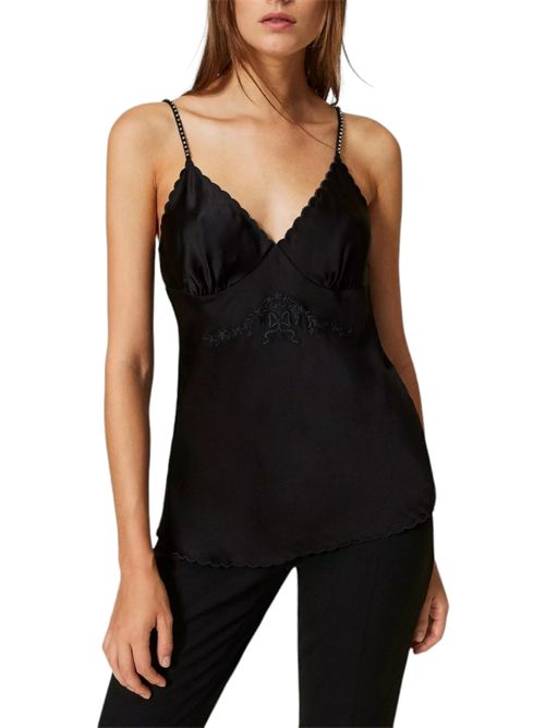 Women's black satin top with embroidery Twin-set | 232TT2061006