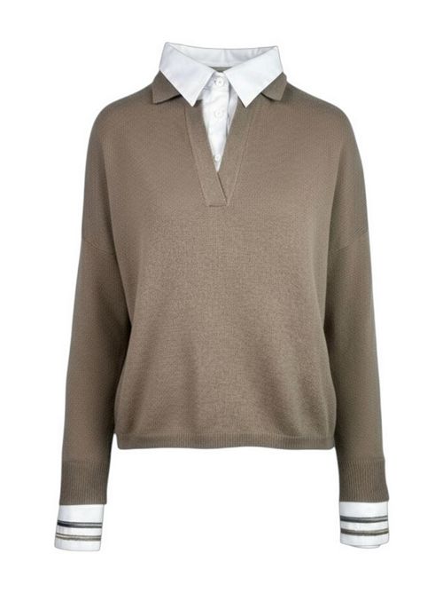 maglia donna beige con collo a camicia Purotatto | 2113-061465