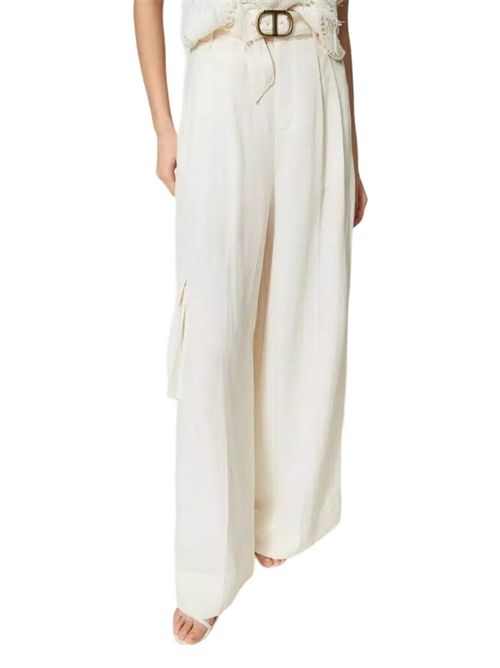 Women's wide leg trousers in ivory linen blend canvas Twin-set | 241TP252200018