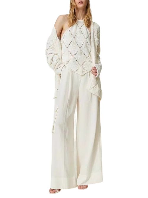 Women's wide leg trousers in ivory linen blend canvas Twin-set | 241TP252200018