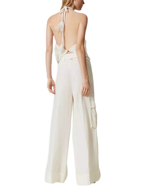 Women's wide leg trousers in ivory linen blend canvas Twin-set | 241TP252200018