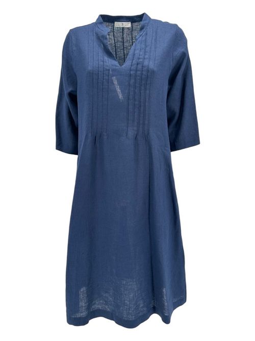 women's dress in blue linen with ribbing Whyci | 1016BLU