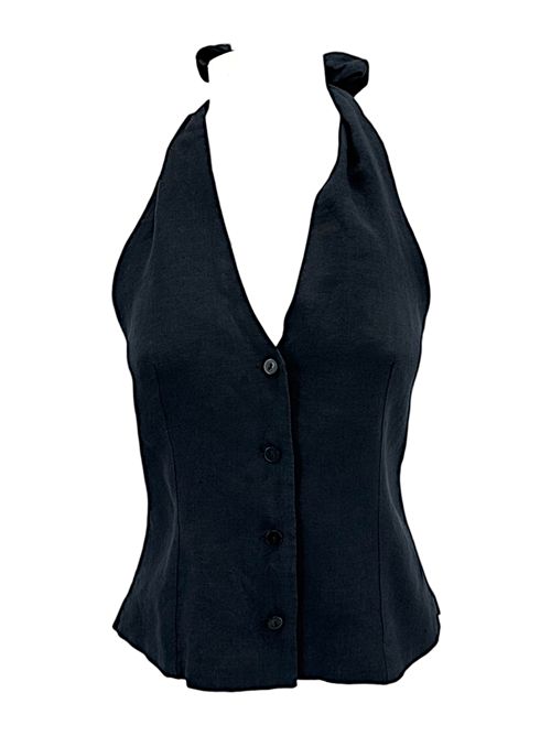 Women's waistcoat with neckline in black linen Xacus | JENNY-65112998