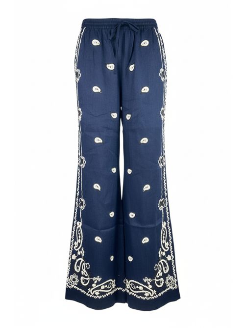 pantalone donna in lino ricamato blu marrone e bianco P.A.R.O.S.H. | D230760R-BEACH26012