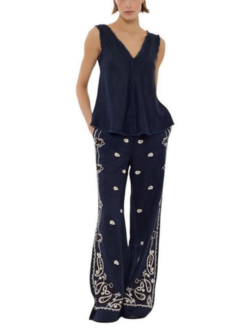 pantalone donna in lino ricamato blu marrone e bianco P.A.R.O.S.H. | D230760R-BEACH26012
