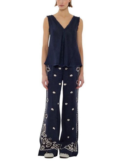 pantalone donna in lino ricamato blu marrone e bianco P.A.R.O.S.H. | D230760R-BEACH26012