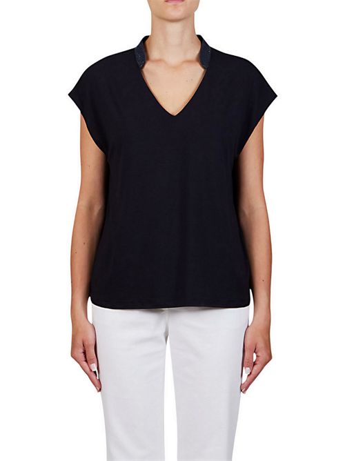 t-shirt donna manica corta con dettagli lurex blu Purotatto | 1415604