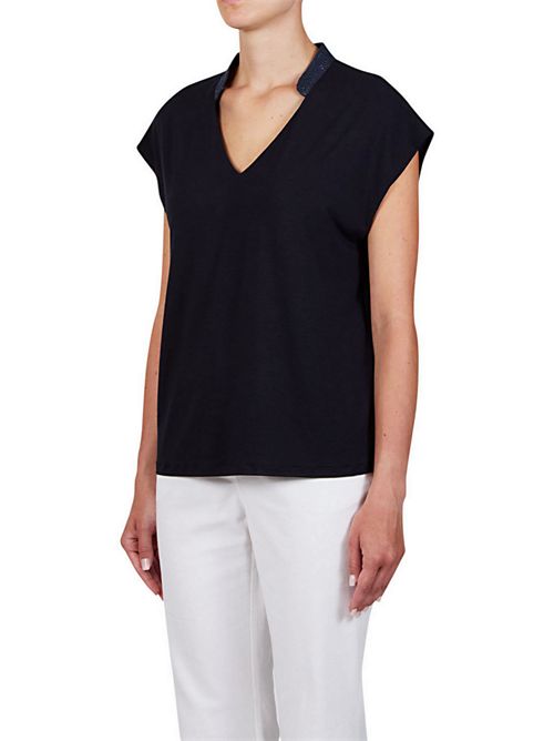 t-shirt donna manica corta con dettagli lurex blu Purotatto | 1415604